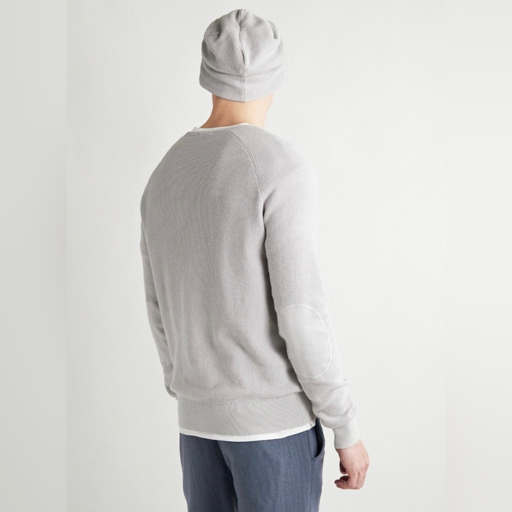 Onia men’s cashmere cotton waffle grey beanie and long sleeve sweater set size S